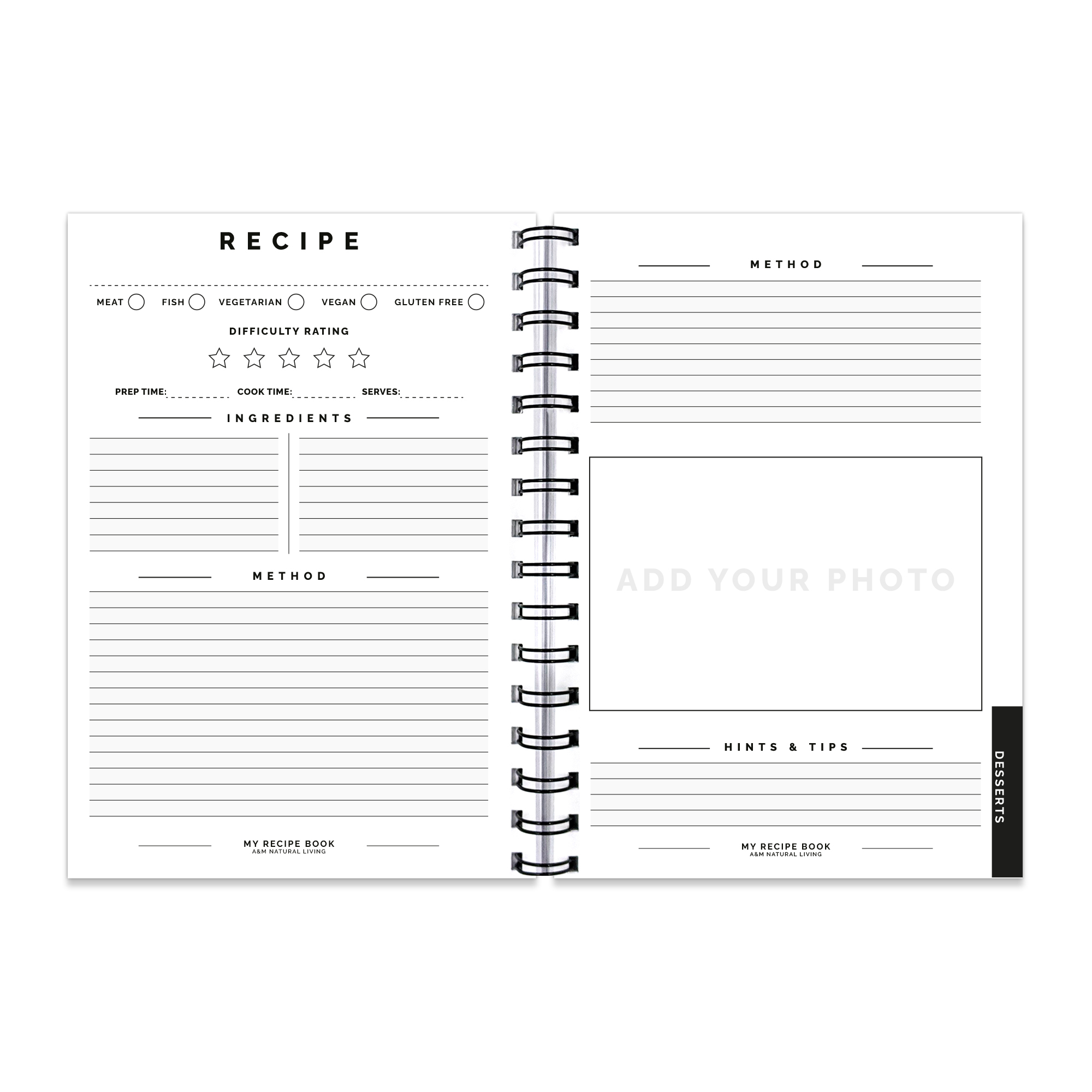 Blank Recipe Book For Own Recipes - A&M Natural Living - Free Shipping