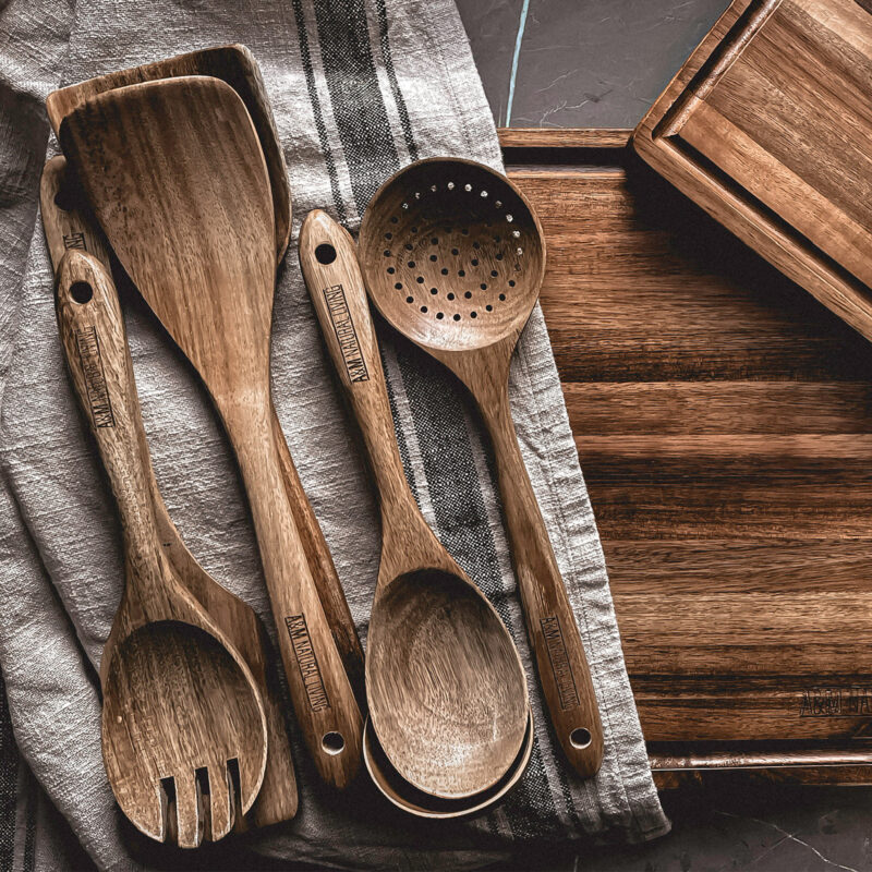 Wooden Kitchen Utensils Set Kitchenware A M Natural Living   AM Natural Living 7pc Kitchen Utensil Set On Towel And Boards 800x800 