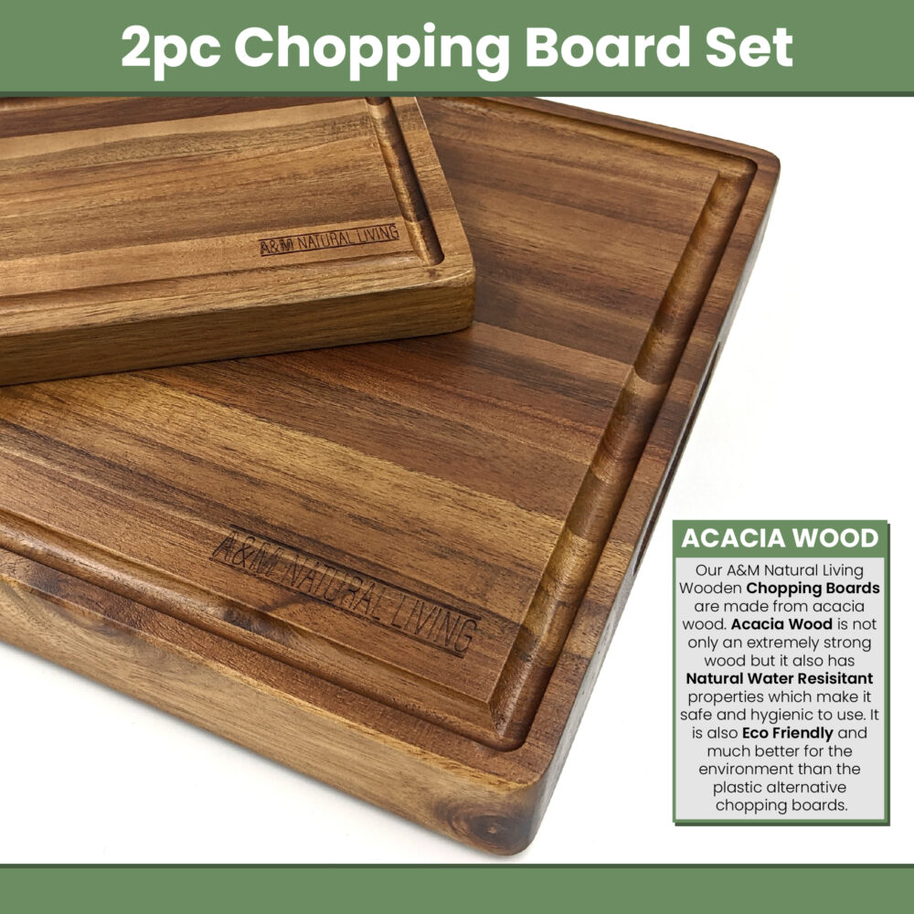 A&M Natural Living Wooden Chopping Boards Set Close Up With Info