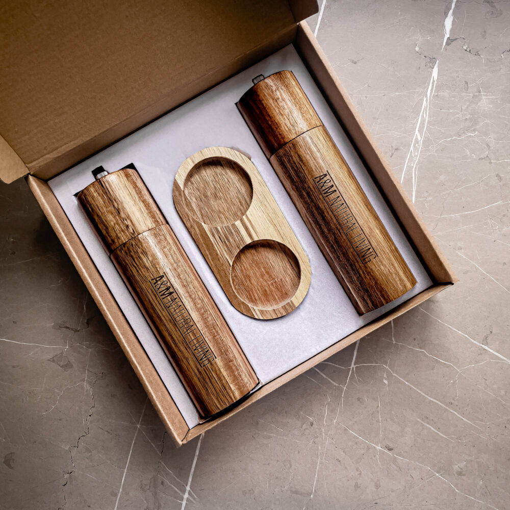 A&M Natural Living Wooden Salt & Pepper Grinder Set - In Packaging