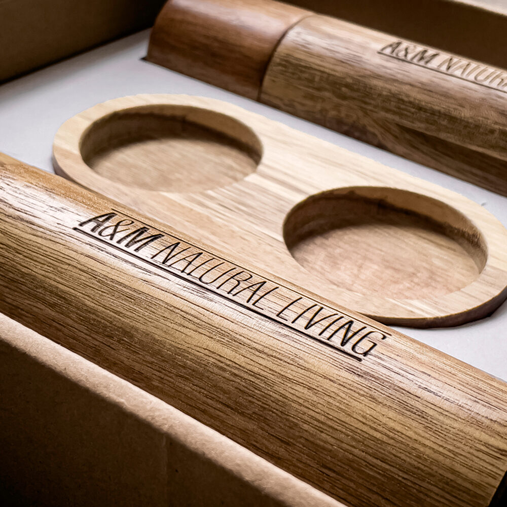 A&M Natural Living Wooden Salt & Pepper Grinder Set - In Packaging Close Up