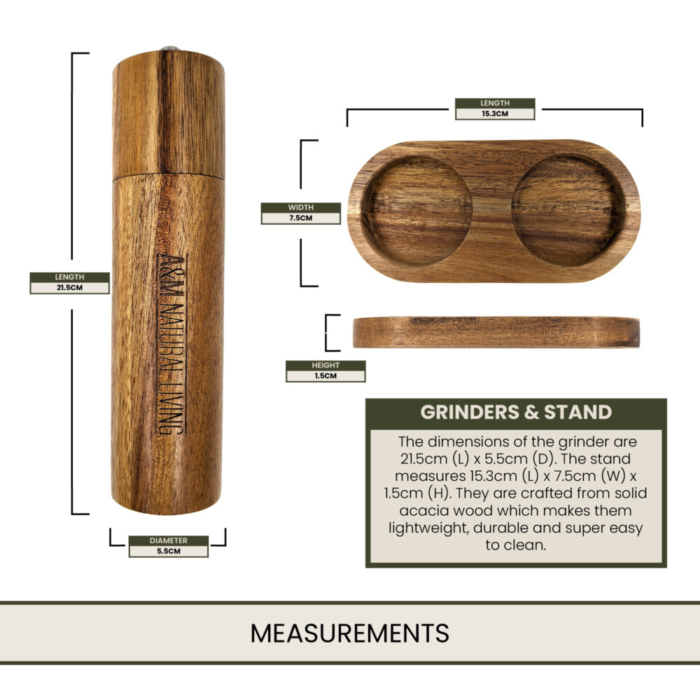 A&M Natural Living Wooden Salt & Pepper Grinder Set - Measurements New 2023