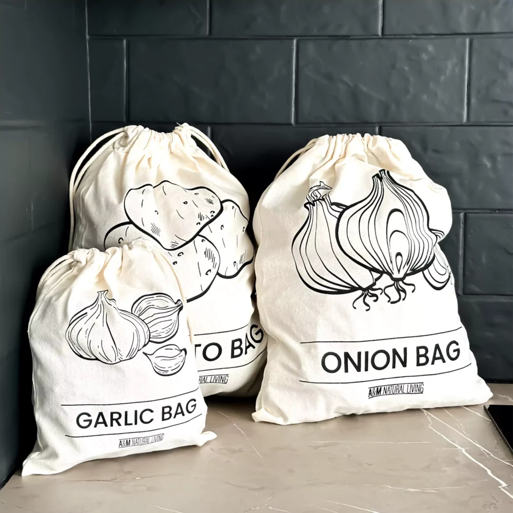A&M Natural Living Potato Onion Garlic Food Storage Bag Set On Kitchen Side