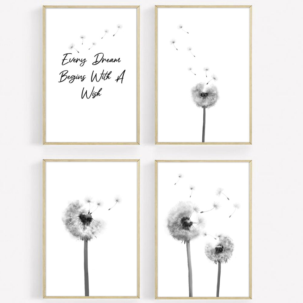 A&M Natural Living Dandelion Prints - Wall Art Multi Black & White Set Of 4 - 1