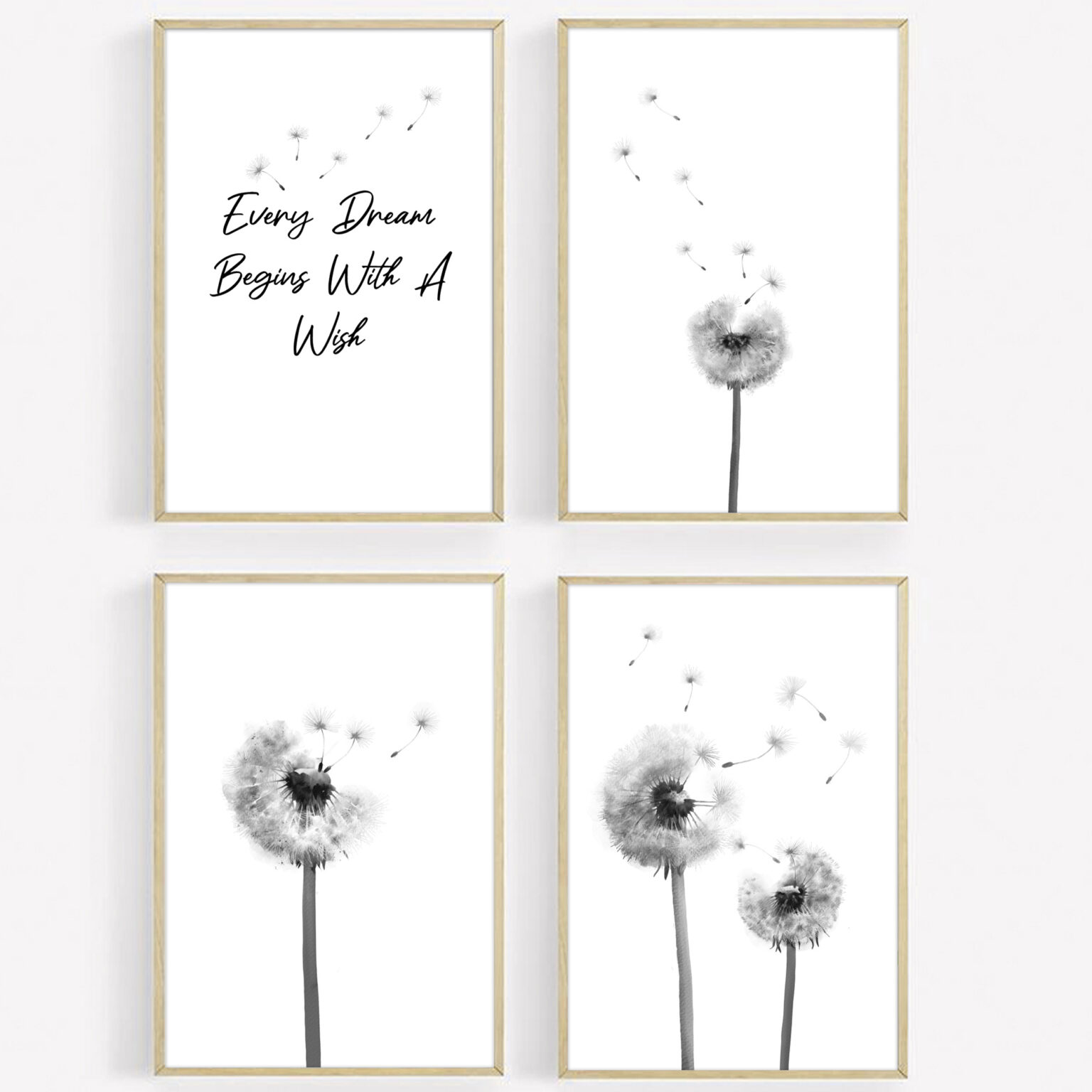 Dandelion Prints Black & White Set Of 4 - Minimalist Wall Art - A&M ...
